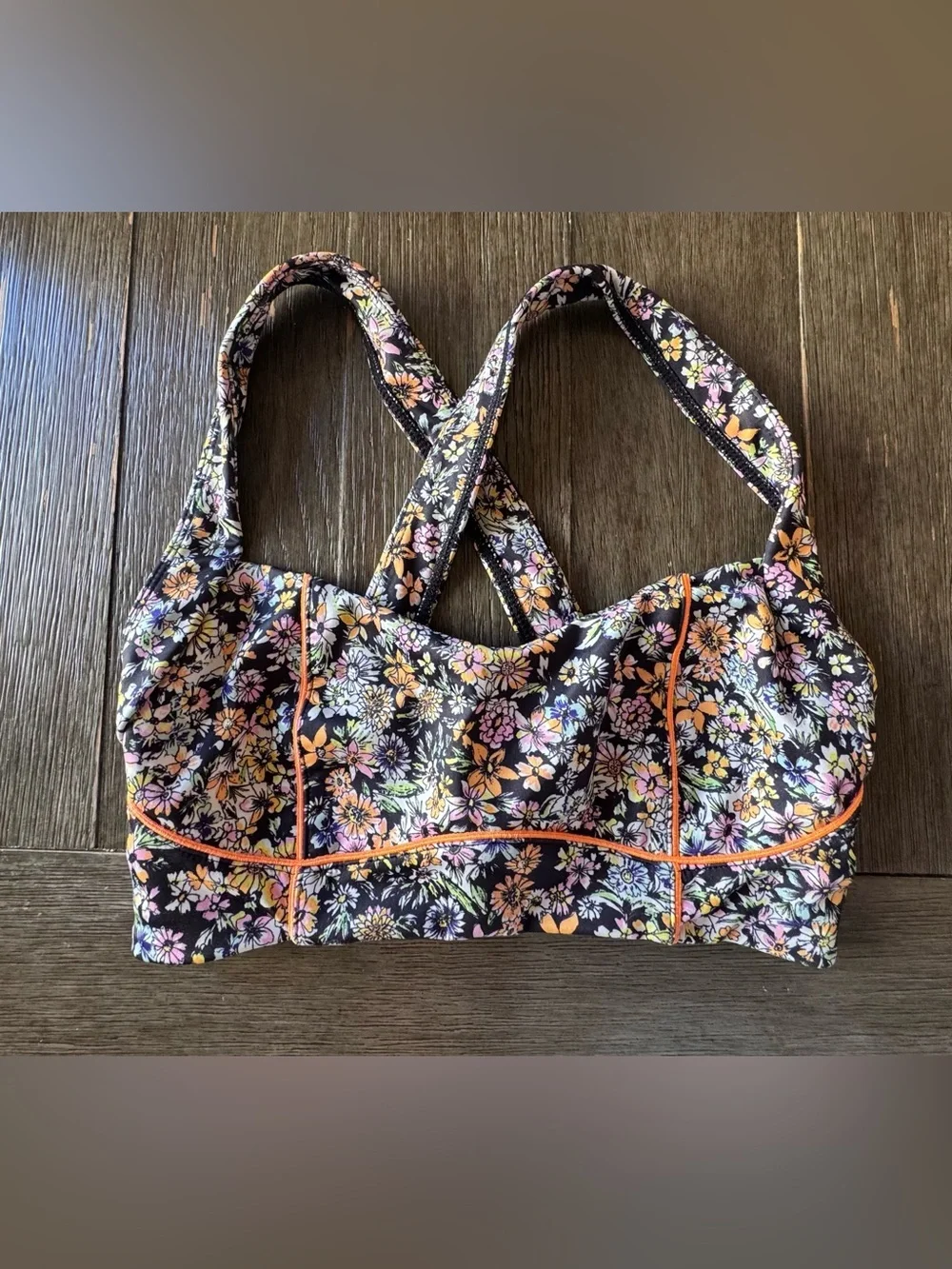 FP Movement by Free People Floral Black Sports Bra with Orange Piping